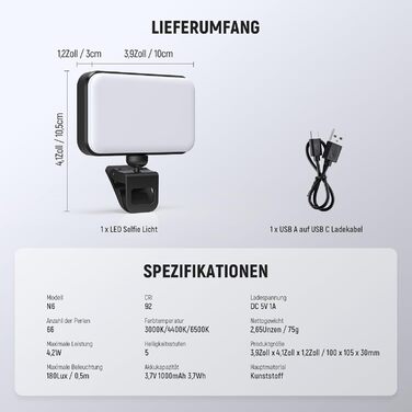 LED світло Neewer для селфі та відеозйомки на телефон, 54 світлодіоди, кліпса, CRI 88, 650mAh, для iPhone, ноутбук, вебкамера, Zoom, макіяж