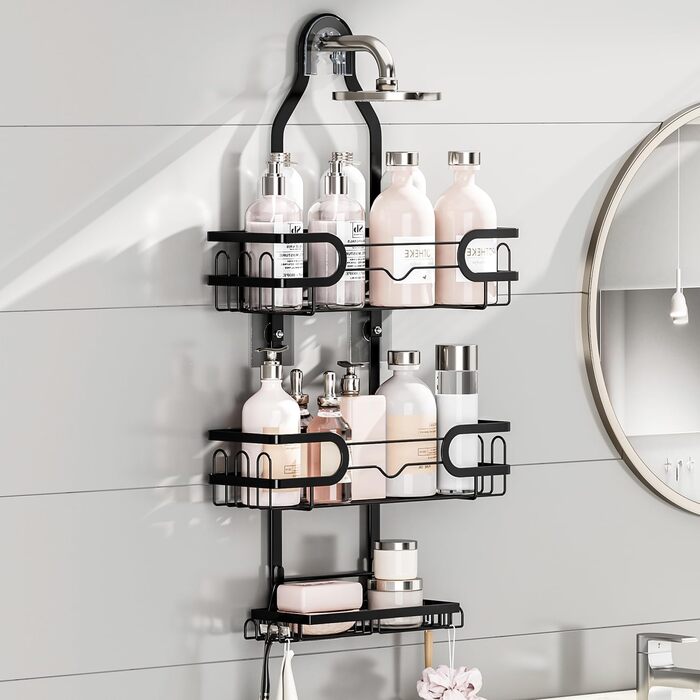 FOXWHALE Shower Shelf - Hanging Shower Rack with Razor Holder & Soap Holder and Multiple Hooks, Black, No Drilling Hanging Shower Basket for Bath Bombs, Towel, Bath Brush