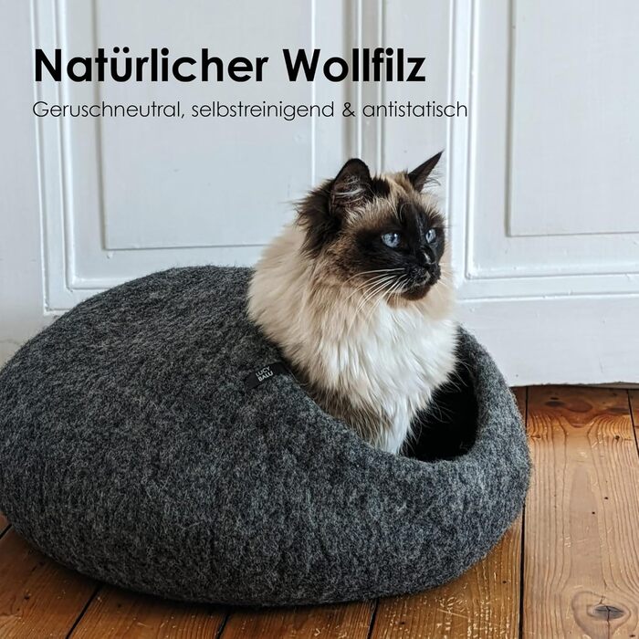 LucyBalu® Premium Cat Cave made of Felt | Natural Cat Bed made of 100% Fluffy Wool | Felt Cave for Cats Handcrafted in Nepal | Cozy Cat Cave | 45x45x28 cm | Grey