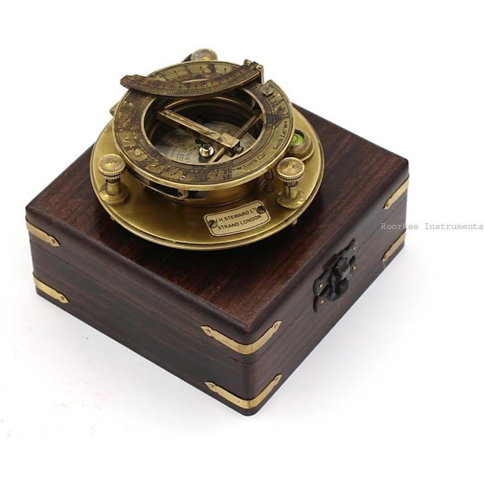 Roorkee Instruments India Best Presents for Sailors/Vintage Brass Compass with Wooden Box/J.H. Steward Directional Magnet Compass for Navigation, Sundial, Pocket Compass for Camping, Hiking, Touring