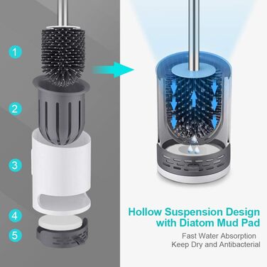 Набір для туалету: щітка з тримачем Silikon, довга ручка, швидке висихання, для ванної кімнати/гостьового WC, монтаж на стіну/стоячи (білий & чорний)