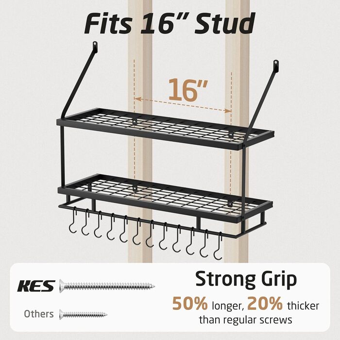 KES Double Kitchen Shelf Pan Holder Kitchen Utensil Holder Kitchen Pan Holder with 12 Hooks Hanging Shelf Pot Wall Shelf 75CM Wall Mounting Matt Black, KUR215S75B-BK