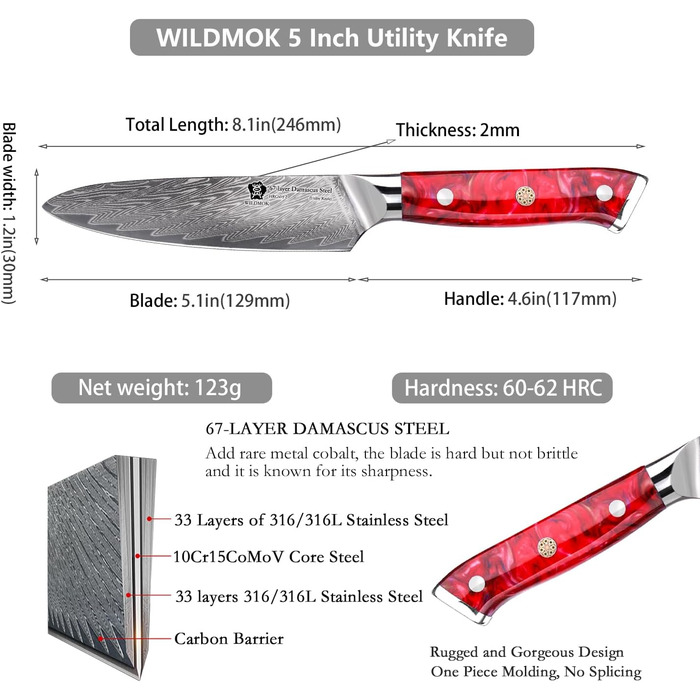 Кухонний ніж WILDMOK 12см з нержавіючої сталі Damaskus VG-10, гострий кухонний ніж, ергономічна ручка з кольорового харчу, подарункова коробка (червона ручка)