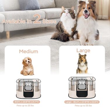 Клітка-вольєр для собак, котів та кроликів, портативна, складна, розмір M (80x50x55 см) та L (80x70x60 см), бежевий колір, водонепроникний килимок, дихаюча сітка