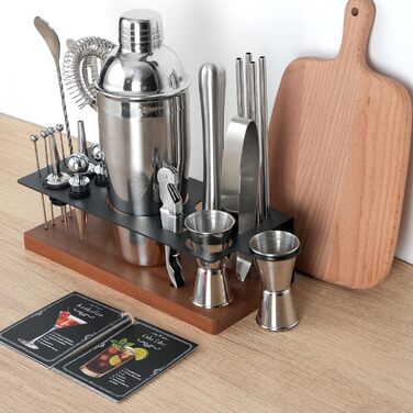Набір бармена 23 предмети: шейкер, сито, ложка, мадлер, барні інструменти для дому, бару, вечірки (колір: коричневий)