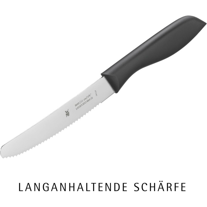 Набір ножів WMF Classic Line для сніданку, 6 шт., 23 см: хлібні, для бутербродів, з хвилястим лезом, нержавіюча сталь, чорний пластиковий руків'я