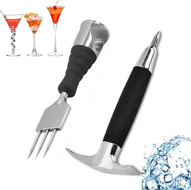 Stainless steel ice pick and three-pronged ice pick, ice crushing tool for home, kitchen, bartender, bar, cocktail, ice crusher, refrigerator freezer de-icer