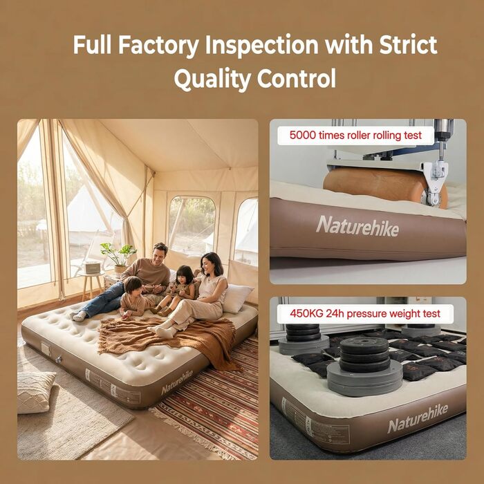 Надувний матрац Naturehike Luftbett 3 місця з вбудованим насосом 200x180x25 см - для кемпінгу, дому та подорожей, коричневий