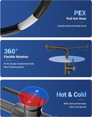 Чорна кухонна змішувач DAYONE з висувною лійкою, 360° обертання, модель G6808mb