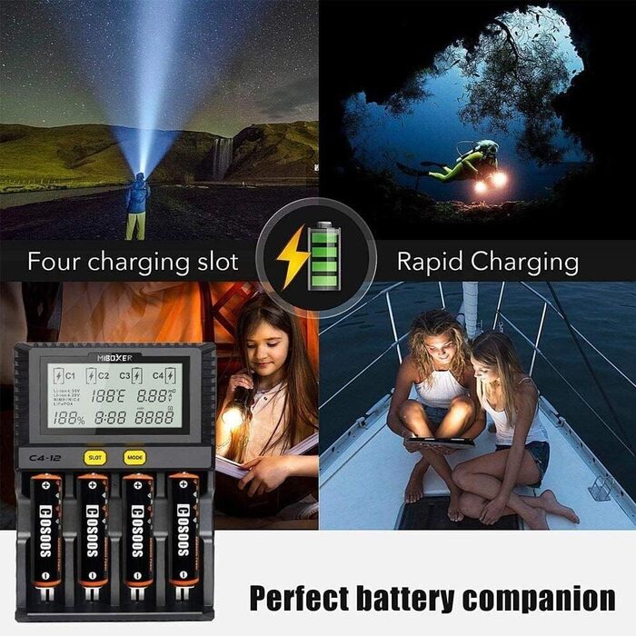 Зарядний пристрій MiBOXER C4-12 3A для AA, AAA, Li-Ion акумуляторів (LCD, регулювання температури)