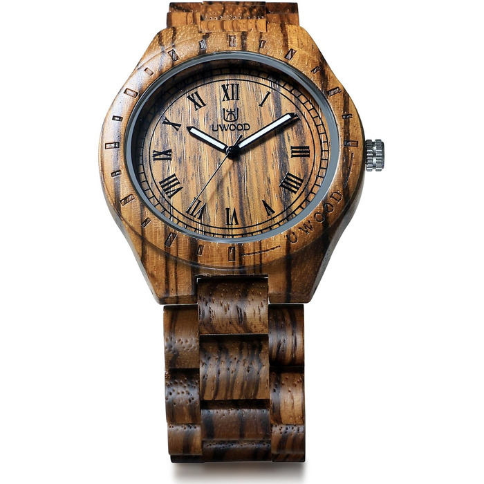Чоловічий дерев'яний годинник Uwood серії Zebra: ручна робота, сандалове дерево, кварц, римські цифри, вінтажний стиль