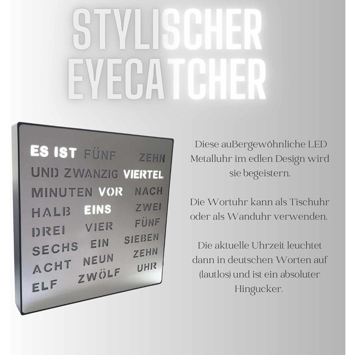 Bada Bing LED Word Clock Silver with German Word Display - elegant metal clock with USB cable wall clock modern - high-quality table clock silent for placing/hanging - decoration gift men's office living room