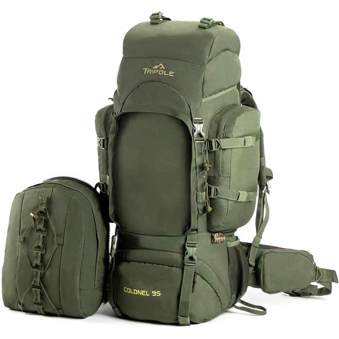 Tripole Rucksack from the Colonel Series with Internal Frame - Featuring Detachable Daypack and Rain Cover (95 Liters, Green (Army Green))