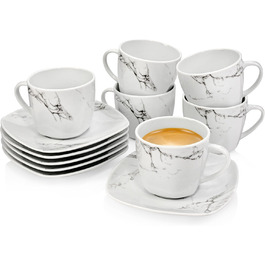 Singer | Bilgola Marble 12-Piece Tea/Coffee Set with Saucers, Coffee Cups for 6 People, Porcelain Coffee Set, Coffee Cup with Saucer, White with Elegant Marble Design, 175 ml | PREMIUM COLLECTION