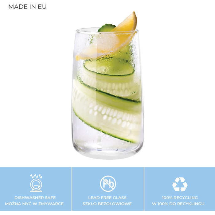 Water Glasses Set | Highball Glasses Set | 480 ml | Set of 6 | Large Drinking Glasses Drinking Glasses Set Highball Glasses Water Glass Juice Glass | Dishwasher Safe | Emma Collection
