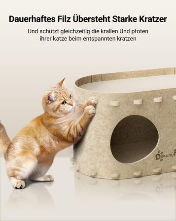 Felt Cat Cave, Felt Cat House, Cat Bed, Cat Cave for Cats, 58 x 33 x 30cm, Peek-a-Boo for Play, Winter-Proof, Nail Protection, Beige