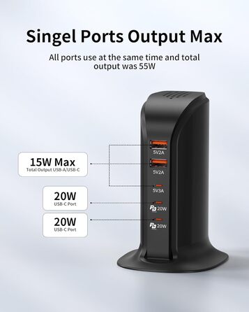 Зарядний пристрій USB-C 55W багатопортовий для iPhone, iPad, Samsung та інших пристроїв - Вежа USB-станція з 5 портами