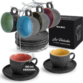 MIAMI - Set of 6 Stackable Ceramic Cappuccino Cups with Saucers and Metal Stand - 190 ml Stoneware Cups for Coffee, Americano, Latte, Café Mocha, and Tea - Las Palmitas Collection