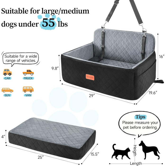 Автокрісло для собак середніх та великих порід, підйомник для собак, автоліжко для собак на заднє сидіння з 2 страхувальними ременями (чорний/сірий)