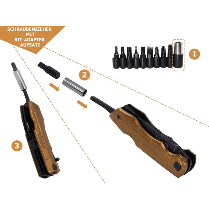 Багатофункціональний інструмент 5-в-1 | Мультитул з складним ножем з чорної нержавіючої сталі та золотим руків'ям. Ідеальний для виживання, відпочинку на природі, побуту. В комплекті безкоштовний інструмент для кредитної картки