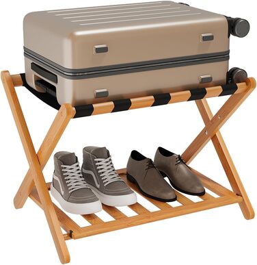 Fully assembled white luggage rack, enhanced bamboo, foldable suitcase stand with 5 nylon straps, luggage holder with shelf for guest rooms, hotel (white luggage rack, 1 piece) (honey, 1 piece)
