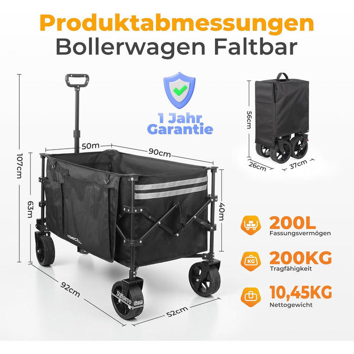 Візок пляжний складний Bollerwagen 200л, 200кг, чорний - для кемпінгу, пляжу, відпочинку на природі. З дощем, гальмами, широкими колесами