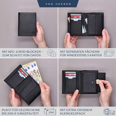 VON HEESEN Leather Wallet RFID Protection | Real Leather Wallet for Women & Men | Portemonnaie, Brieftasche, Wallet, Portmonee (Saffiano Black)