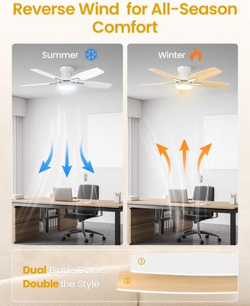 106 см стельовий вентилятор з підсвічуванням та двосторонніми лопатями, тихий вентилятор з LED-лампою та пультом дистанційного керування для спальні/вітальні, DC мотор, колір - світле дерево