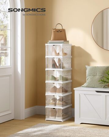 SONGMICS Shoe Cabinet Set, with 18 Shoe Boxes, Integrated Shoe Organizer, Foldable, Portable, for Shoes up to Size 46, 1-Minute Assembly, Transparent-Cloud White LSP207W01 (Transparent + Cloud White, 1)