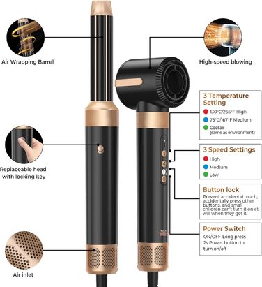 UKLISS Airstyler Multistyler 7 в 1: фен-щітка, локон, випрямляч, турбіна, 1400W, турбіна, 3 режими температури, 30 мм, турбіс