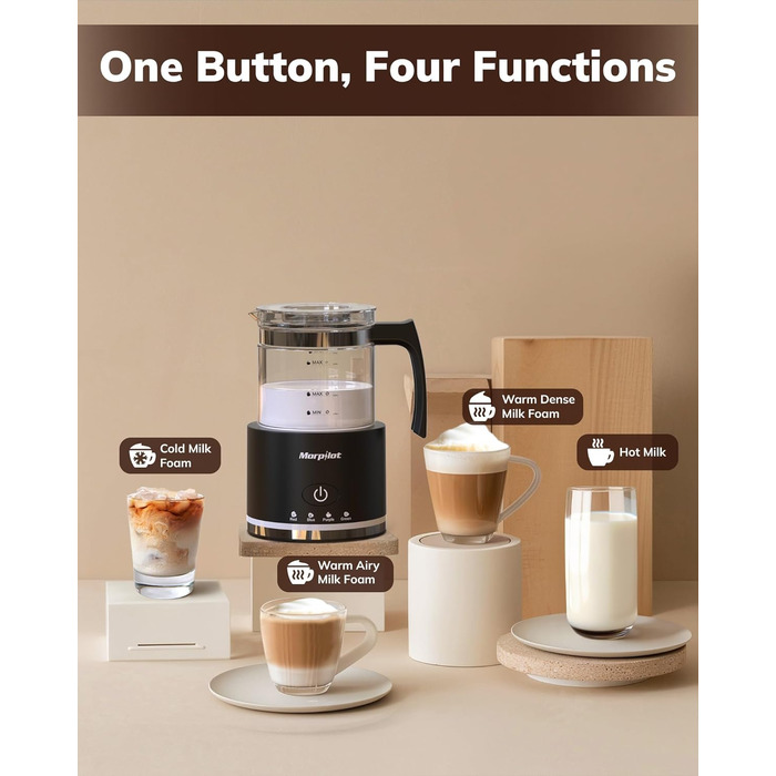 Morpilot Milk Frother Electric, 500ml 600W, 4 in 1 Milk Frother for Hot and Cold, Dishwasher Safe, Visual Glass, Latte Design, White (Black)
