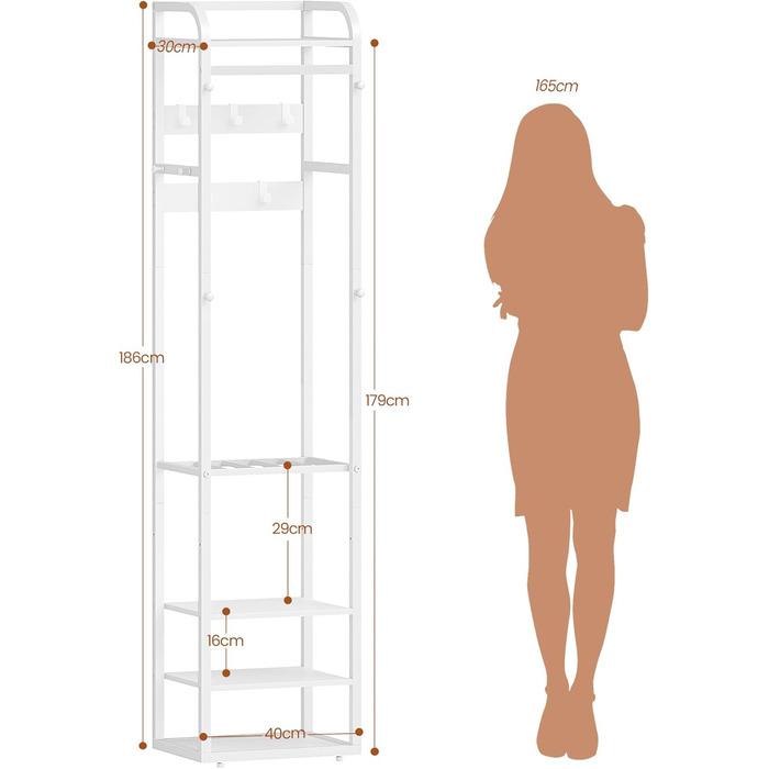 Настінна вішалка для одягу з 4 полицями та 13 гачками, 30 x 40 x 186 см, біла