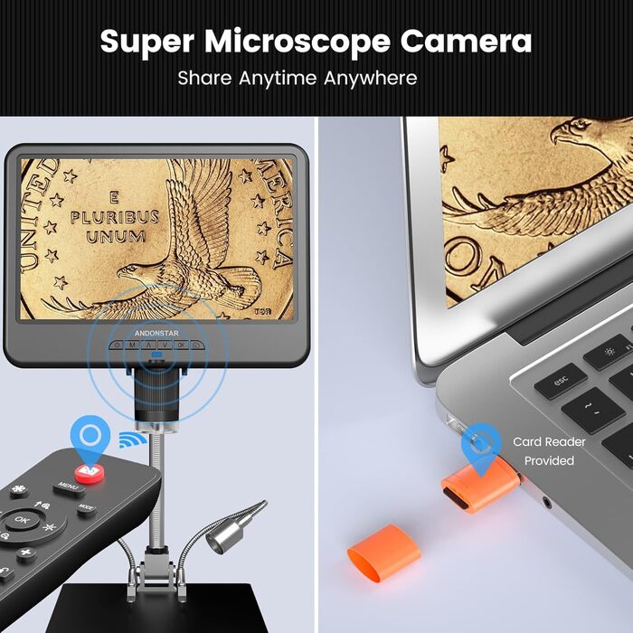Мікроскоп цифровий Andonstar AD210 10.1 дюймів для дорослих, паяльний мікроскоп для ремонту електроніки, мікроскоп-камера для монет з повноекранним переглядом та підсвічуванням
