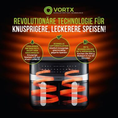 Фритюрниця Tower T17088 Vortx 9 л з двома кошиками, подвійна аерофритюрниця на 2600 Вт, чорна, Smart Finish, 2 камери