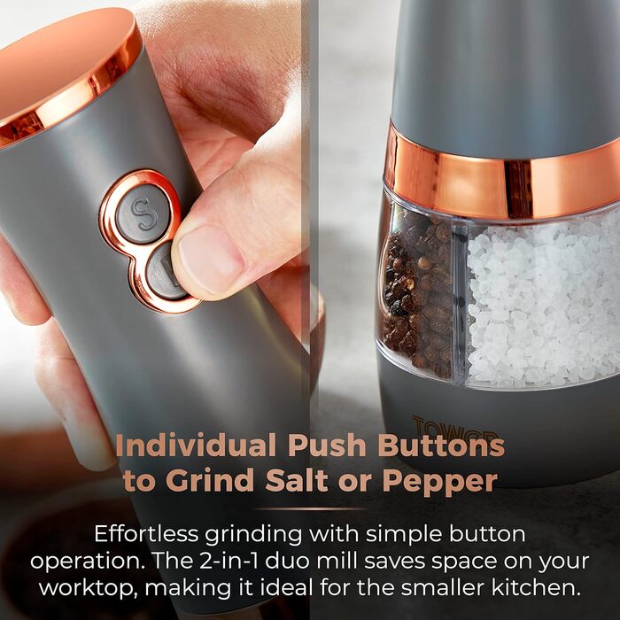 Електричні мельниці для солі та перцю Tower, працюють від батарейок, з регульованими керамічними жорнами, рожеві та рожеве золото T847004PNK (сірий)