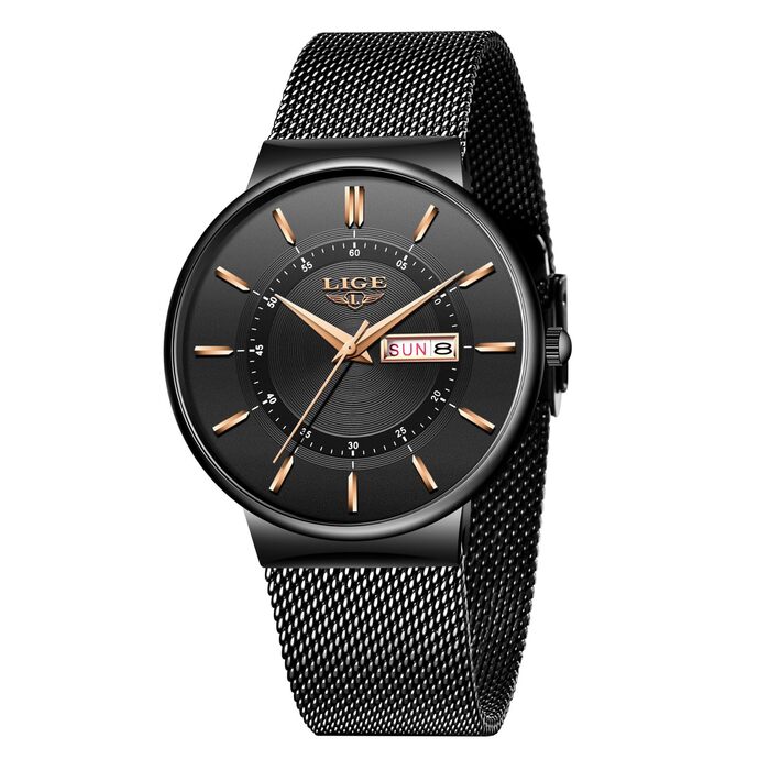 Годинник чоловічий LIGE з датою, водонепроникний, з нержавіючої сталі, аналоговий, вінтажний, кварцовий, чорний, для бізнесу, класичний, простий, з нержавіючої сталі, чоловічий годинник