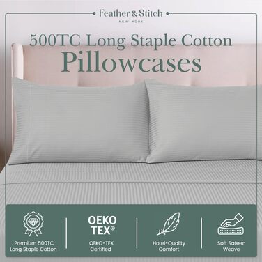Набір постільної білизни Queen-Size Feather & Stitch: комплект ковдри та 2 наволочки, 100% бавовна, щільність 500 ниток, дамаст, колір блакитний пудровий, застібка - блискавка