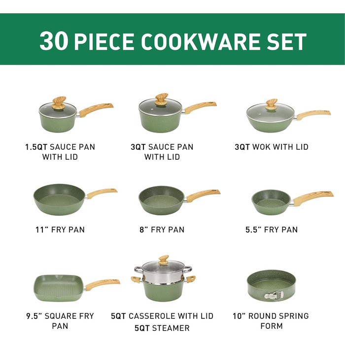 Kitchen Academy 30-Piece Induction Cookware Set with Glass Lids and Granite Coating, including Frying Pans and Pots (Green)