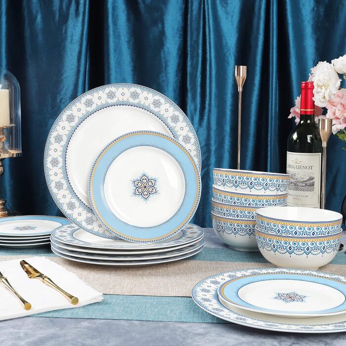 Набір посуду Fanquare 18 предметів для 6 осіб: тарілки, миски, десертні тарілки (Азурний блакитний)