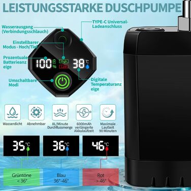 Портативний душ кемпінговий JONRRYIN з підігрівом 6000 mAh, фільтром та шлангом 2м - для саду, авто, пляжу, подорожей