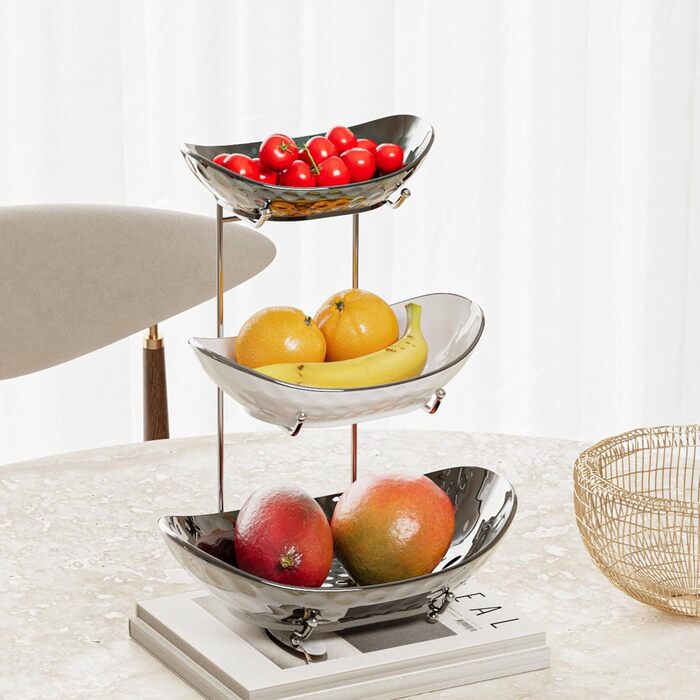 Набір для фруктів та овочів Acliys 3 яруси з кераміки, набір для кухні, порцелянові миски для зберігання фруктів, овочів, снеків, десертів, тортів, тарілка-решітка для вечірки, весілля, сріблястий