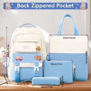 Шкільний рюкзак Tanou для дівчаток 4-х частинний, для 3-7 класів, з пеналом та сумкою через плече, блакитний