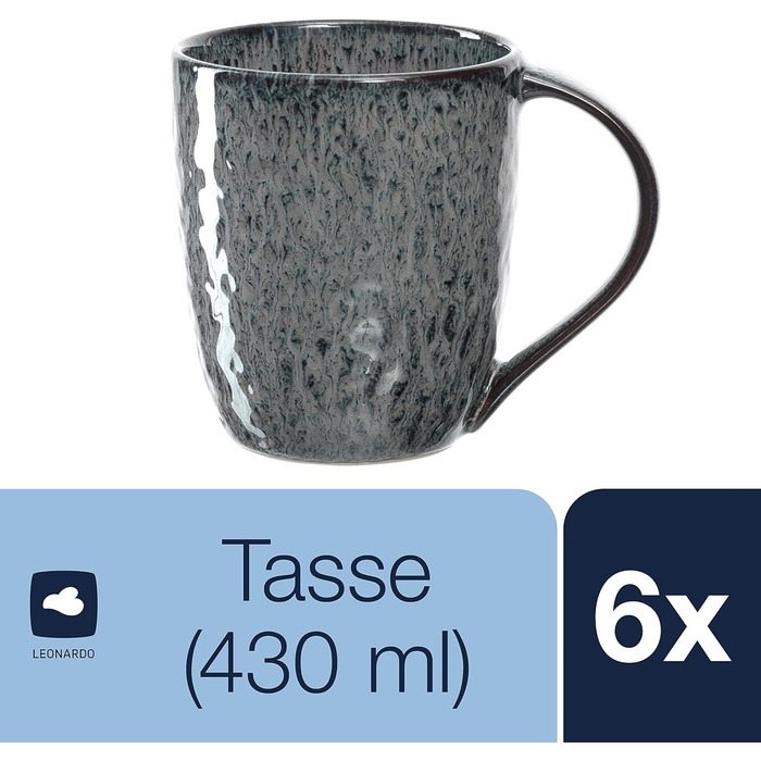 Набір керамічних чашок Leonardo Matera 6 шт., сірі, 430 мл, для кави та чаю, стійкі до миття в посудомийній машині, 018563