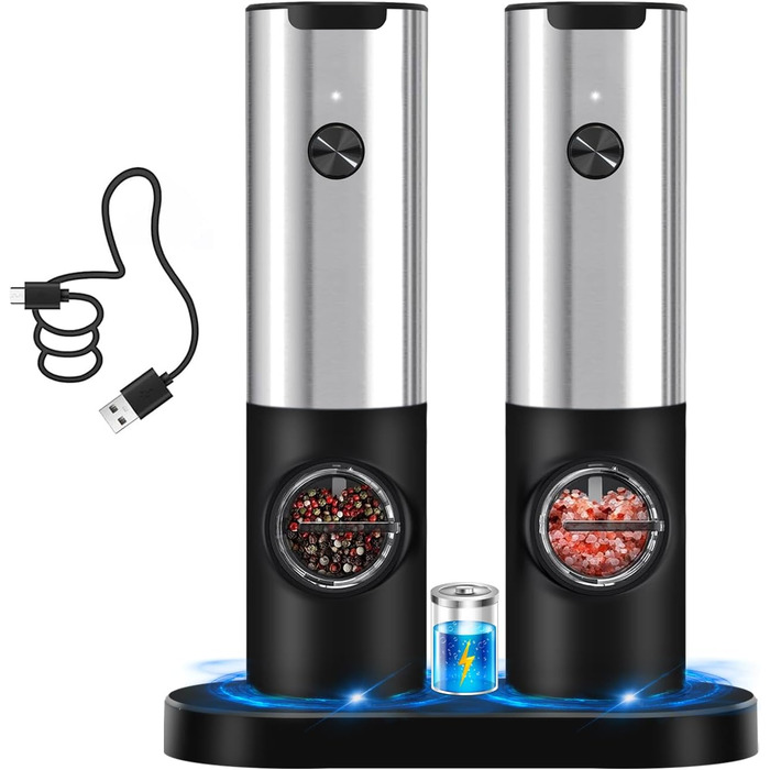 Electric Salt and Pepper Grinder Set, Rechargeable, USB Charging Station, Automatic Pepper and Salt Grinder Spice Grinder Refillable, One-Hand Operation, Adjustable Coarseness, LED Light