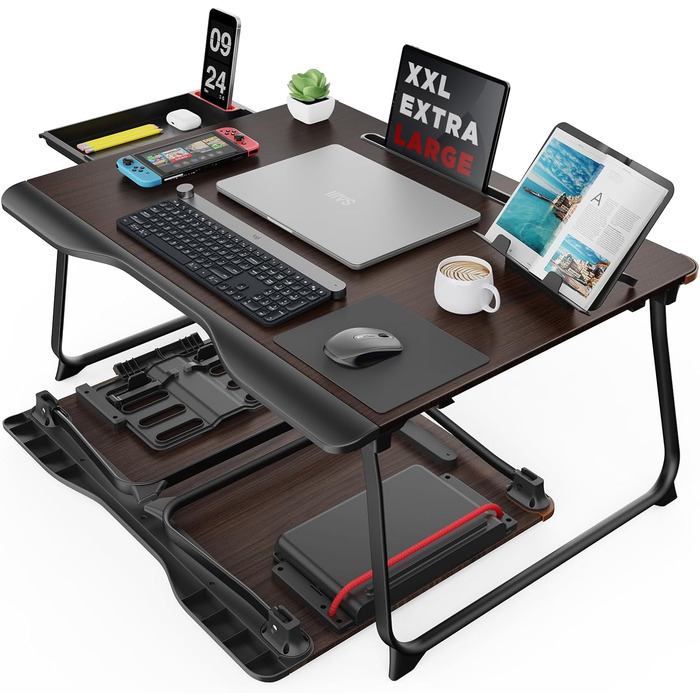 SAIJI Розкладний столик для ноутбука XXL з ящиком та підставкою для книг/телефону (65 x 49 x 30 см, чорний)