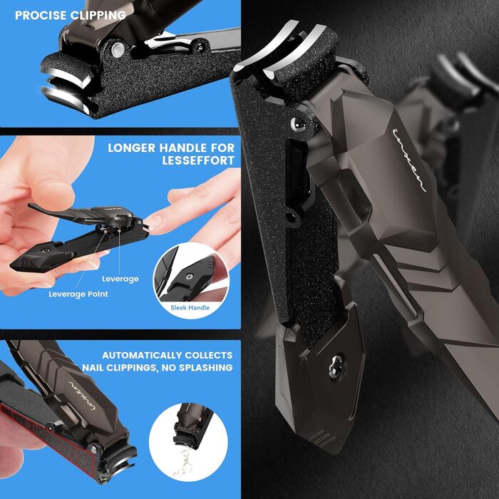 Професійний кусачок для нігтів з контейнером для збору, кусачки для нігтів рук та ніг, гострі кусачки з нержавіючої сталі, великі кусачки для нігтів, кусачки 2 в 1, кусачки для нігтів для чоловіків та жінок (великі, чорні, 8,9x2 см)