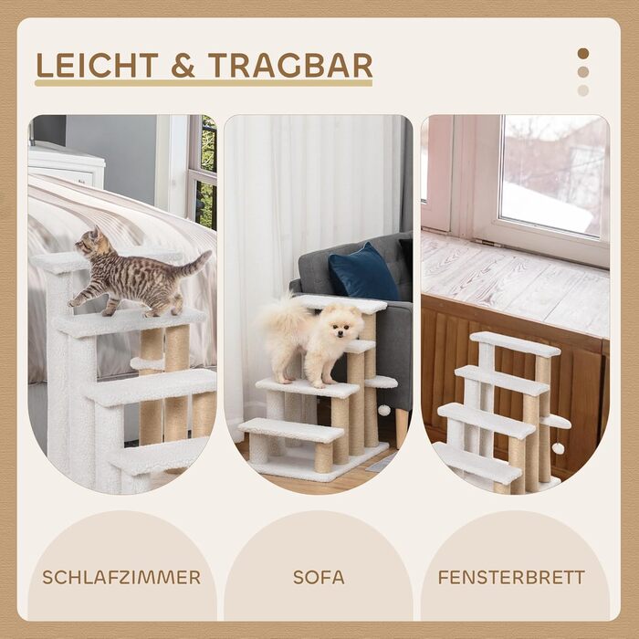 PawHut 3-Step Pet Stairs with Scratching Pillars, Ball, Dog Stairs, Pet Stairs for Cats up to 5 kg, Plush Jute, White, 45 x 40 x 48 cm (60L x 40W x 64H cm, White)