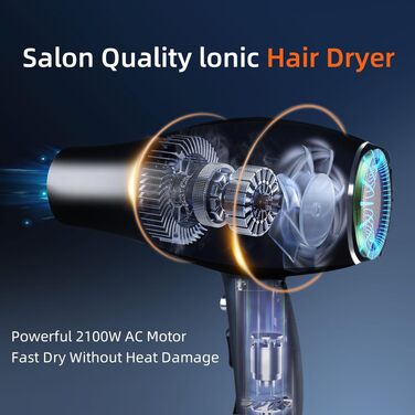 Професійний іонний фен для волосся Salon 2100W з дифузором та насадками, 2 швидкості, 3 температурні режими, чорний