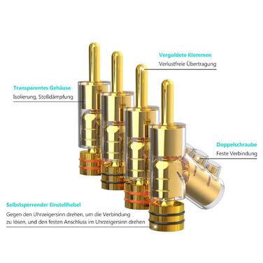 Комплект позолочених бананових роз'ємів Monosaudio (8 шт.) для акустичних кабелів, домашнього кінотеатру та AV-ресиверів, BA1403