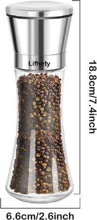 Набір з 2 мельниць для солі та перцю з регульованим керамічним жорном, для спецій, нержавіюча сталь та скло, 19 см